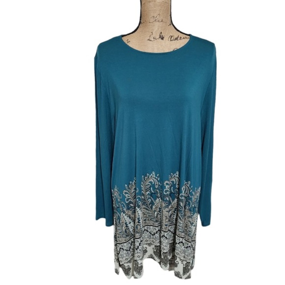J. Jill Wearever Teal Blue Paisley Border Print Tunic Top XL Long Sleeve Boho